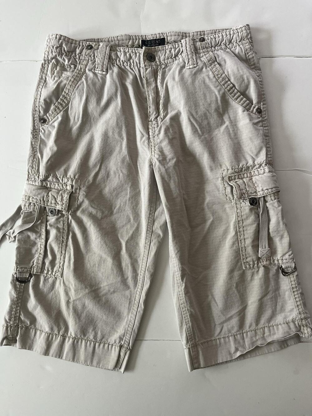 Guess Shorts Men 34 Beige Cargo 17 Inseam Y2K Skater Streetwear Thick Stitching